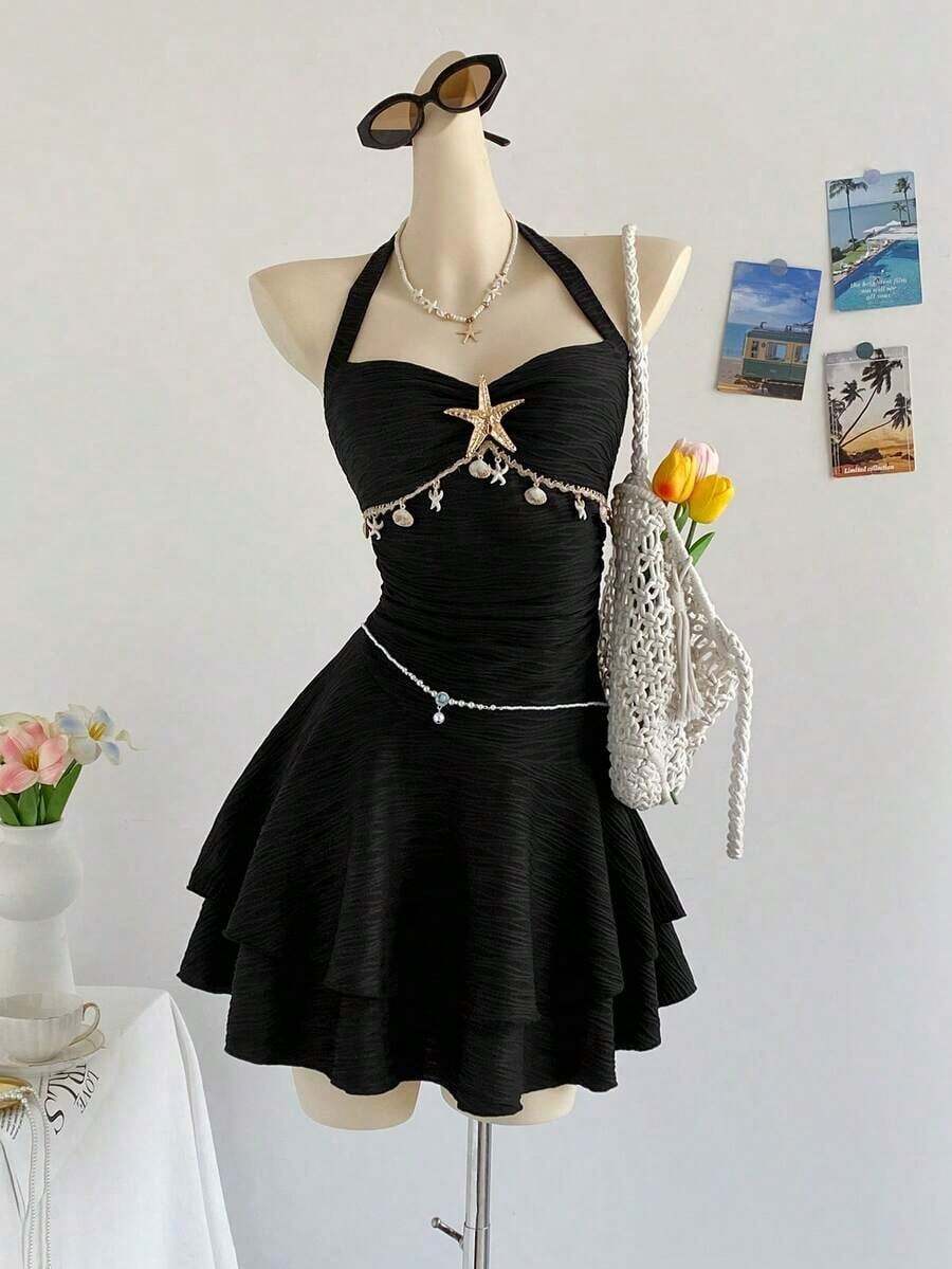 2026 Textured Knit Mini Dress With V-Neck Ruffles, Starfish And Shell Decoration, Metal Buckle, Suitable For Christmas, Date, Club, Bohemian Style, Holiday, Autumn, Vintage, Party For Women - Black - View 1