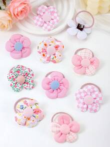 10个粉色花朵发圈，3D立体花朵设计，可爱弹力发绳，呵护秀发，甜美发饰，适合女孩日常使用 - 彩色 - 查看 9