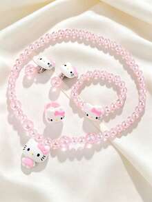 Bộ trang sức 5 món Sanrio bằng hợp kim giả ngọc trai gồm dây chuyền, bông tai, vòng tay, nhẫn và mặt dây chuyền. - Hồng - Xem 2