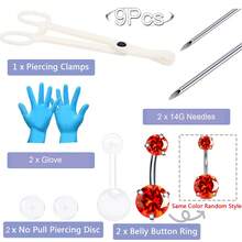 Kit de perforación de anillo de ombligo, kit de perforación de ombligo de acero inoxidable 14G, agujas de perforación desechables, set de pinzas de perforación para perforación del ombligo - kit de piercing para el ombligo - Ver 8