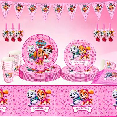 Paw Patrol Đồ trang trí tiệc sinh nhật cho trẻ em - Đĩa giấy, khăn ăn, cốc, khăn trải bàn, cờ dây, kèn thổi, đồ dùng tiệc cho bé trai và bé gái