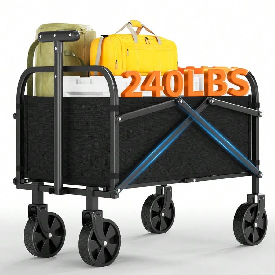 Carro Plegable de Alta Resistencia – Capacidad de 240 libras – Ruedas Todo Terreno – Gran Carrito Plegable para Camping, Jardín, Playa, Picnic, Manija Ajustable, Portavasos - Rueda de 5 pulgadas, tela Oxford 600D + tubo cuadrado - Ver 1