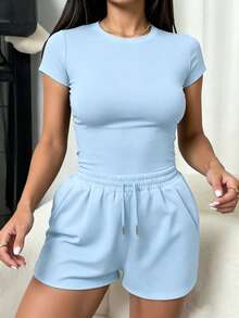 Conjunto de 2 piezas para mujer talla grande de verano, unicolor, shorts deportivos & camiseta, top de cuello redondo, estilo atlético, ropa de estar en casa, ropa de verano elegante - Celeste - Ver 4