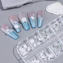 3D美甲装饰，夏季海滩风情——椰子树、贝壳、海星、珍珠贝、鱼尾、海螺图案，适合海滩派对，极光紫美甲贴纸，美甲用品，防过敏，附赠便携收纳盒 - 彩色 - 查看 9