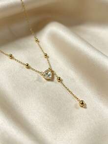 1件女士铜锆石水滴流苏项链，优雅百搭锁骨链 - 金色 - 查看 3