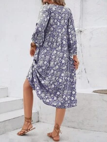 Bohemian Style Casual Loose Drawstring Round Neck Ditsy Floral Dress, European And American Women's Vacation Beach Dress Elegant - Blue - View 4