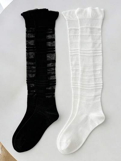 1 Par de Meias Rendadas Brancas com Babados, Meias Finas e Transparentes Até o Joelho para Primavera/Verão, Adequadas para Sapatilhas, Estilo Feminino