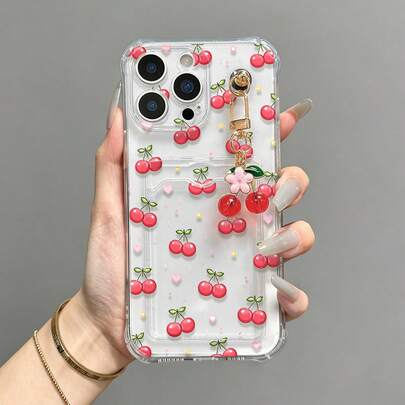 Cherry Painted Transparent Square Card Holder Multifunctional Wallet With Cherry Pendant Accessory, Thick Anti-Drop Phone Protective Case Compatible With IPhone 17/17 Pro/17 Pro Max, 16/11/16 Pro/16 Plus/16 Pro Max/16e, 15 Pro Max, 13/14/12/XS/XR/7G/8P, And Galaxy S25/S25 Plus/S25 Ultra, A16/A36/A26/A56/A50/A12/A32/A52/A72/A51/A21S/A13/A14, S24/S24 Plus/S24 Ultra, S20/S23/S22, A53, S20 FE, S26