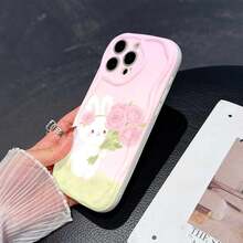 1件装时尚粉色玫瑰和白色兔子图案TPU材质白色奶油纹理全包防摔手机壳，兼容、荣耀等手机。 - 米色 - 查看 5