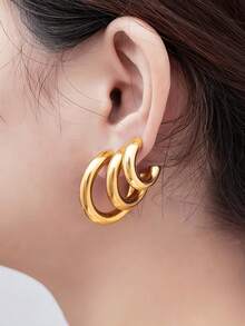 3 Pairs Stainless Steel Hoop Earrings Set, Exaggerated C-Shape, Thick Round Circle, Geometric Round Earrings For Women, Daily Wear, Gold Color - Yellow Gold - View 1
