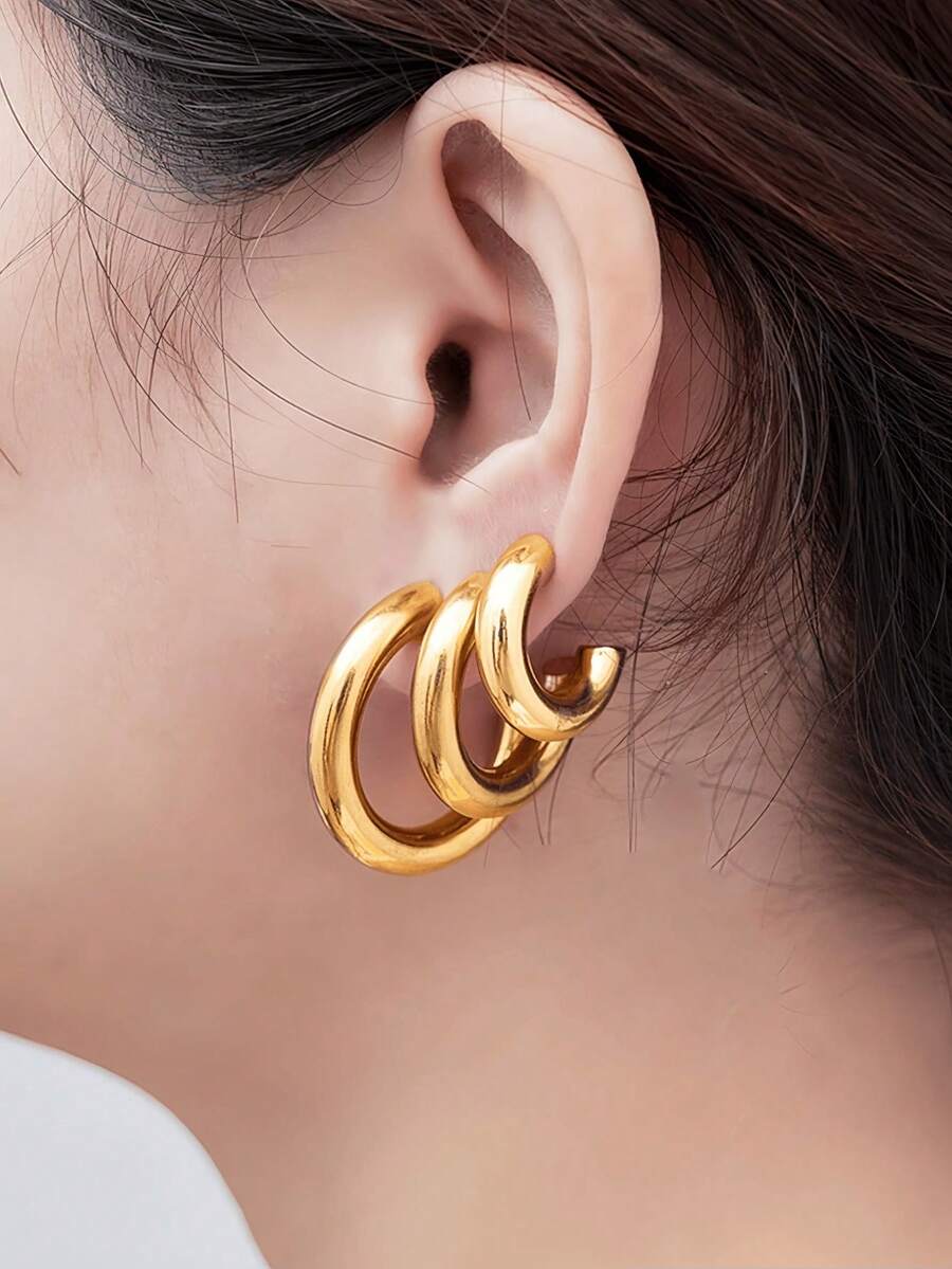 3 Pairs Stainless Steel Hoop Earrings Set, Exaggerated C-Shape, Thick Round Circle, Geometric Round Earrings For Women, Daily Wear, Gold Color - Yellow Gold - View 1