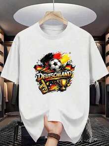1 pieza Camiseta de Algodón para Hombre de Fútbol Alemán con Estampado de Bandera y Trofeo de Campeón de Fútbol, Algodón Puro, Impresión Premium, Duradera, Casual y a la Moda - Blanco - Ver 1