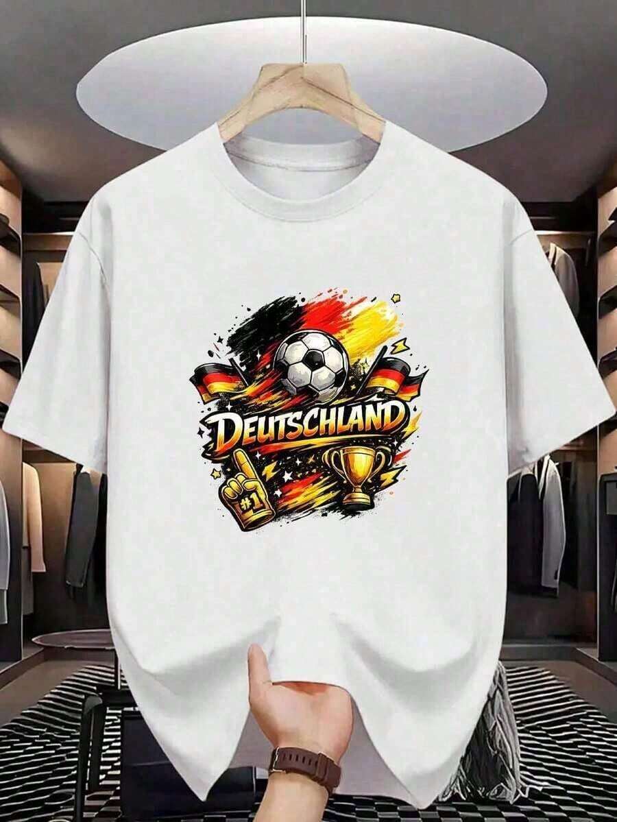 1 pieza Camiseta de Algodón para Hombre de Fútbol Alemán con Estampado de Bandera y Trofeo de Campeón de Fútbol, Algodón Puro, Impresión Premium, Duradera, Casual y a la Moda - Blanco - Ver 1