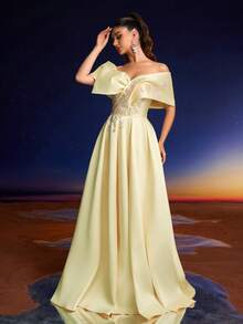 Đầm dạ hội sang trọng Anymoon với ren và sequin, họa tiết hoa 3D, thích hợp cho các buổi dạ tiệc, liên hoan và đám cưới. - Màu vàng - Xem 4