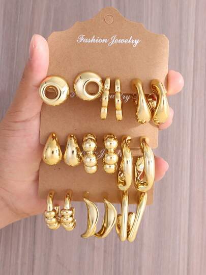 6-18pcs Gold-Tone Fashion Earring Set, Stylish & Elegant, Suitable For Daily, Party, And Event Wear