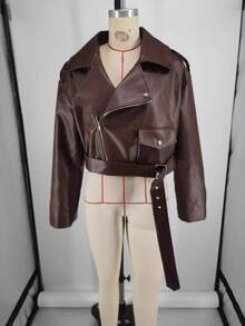 Chaqueta corta marrón con diseño premium y cinturón ajustable - Marrón - Ver 6