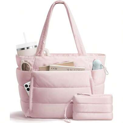 1 pièce Nouveau sac à main femme grande taille motif losange 2026 - Design à compartiments multiples avec porte-gobelet et poche pour ordinateur portable, convient pour les déplacements, les courts voyages, les sorties de week-end, essentiel pour les voyages de printemps, le sac fourre-tout de la Saint-Valentin pour le travail, le sac de navette de bureau, le sac de voyage minimaliste de week-end, cadeau pour femme