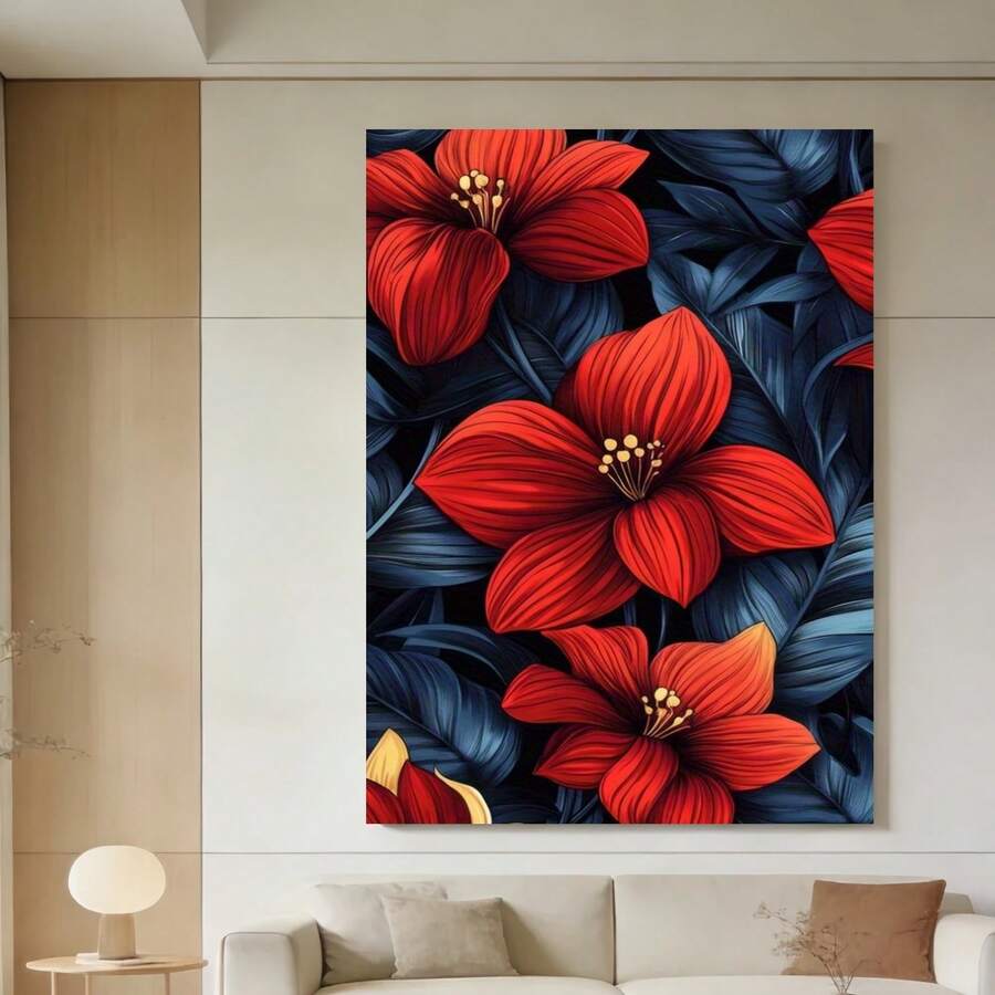 Framed Lienzo artístico plano 2D de , enmarcado en madera, con pétalos rojos vibrantes, texturas claras y venas distintivas, realzado por centros amarillos - Enmarcado - Ver 1