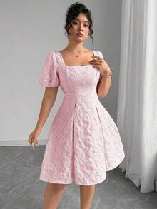 Vestidos elegantes de manga abombada con cuello cuadrado y estampado floral jacquard para mujer de talla grande. Vestidos elegantes, vestidos cortos de mujer para cumpleaños, vestidos de verano para el trabajo y el verano. - Rosa - Ver 3