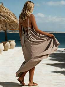 女士纯色休闲梭织面料露背系带连衣裙，适合夏季海滩度假派对，优雅时尚 - 卡其色 - 查看 4