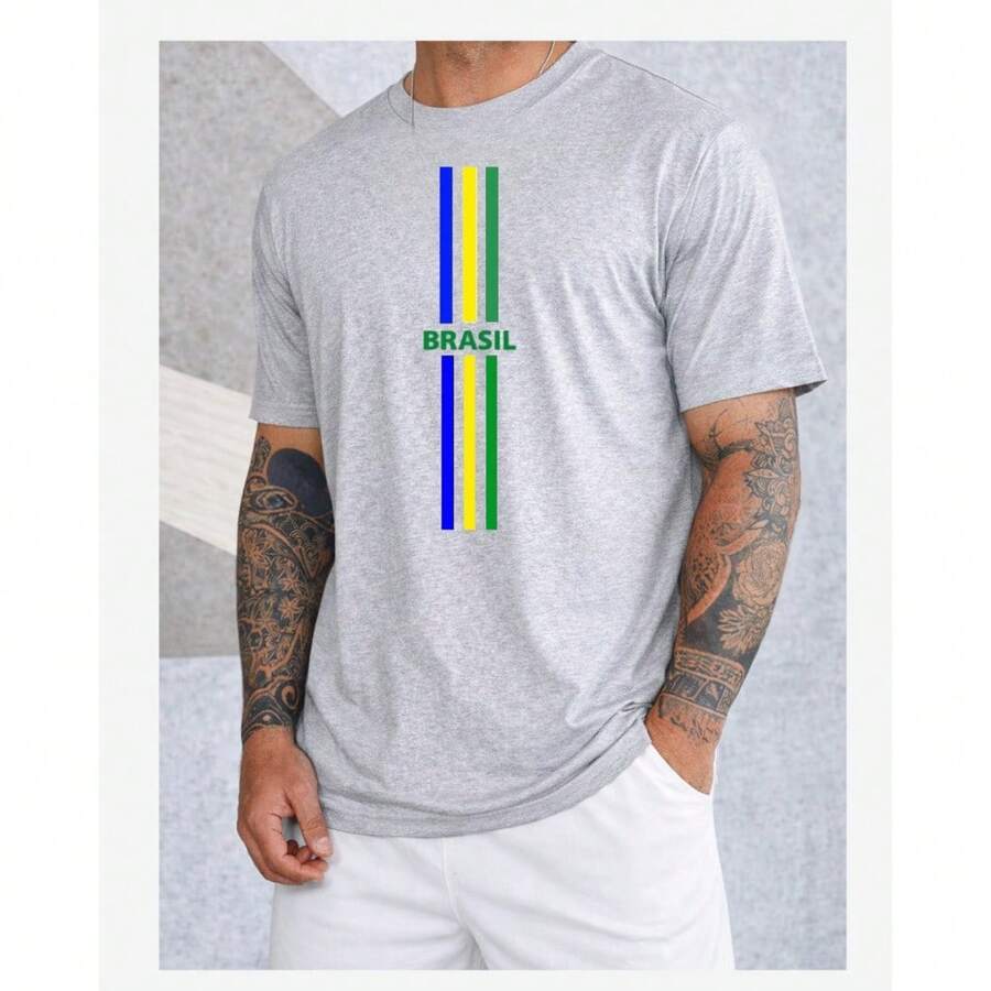 Camiseta Masculina Brasil Copa do Mundo Camisa Básica Premium Malha 100% Algodão - Cinza - Visão 1