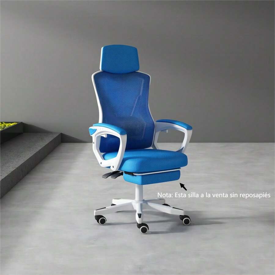 Ergonomic Office Chair With Adjustable Backrest And Footrest - Blue and White - View 1