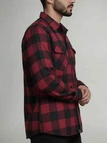 Men's Flannel Plaid Shirt With Pockets, Long Sleeves - Red and Black - View 3