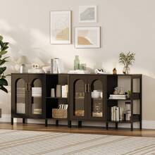 Aparador moderno con puertas de vidrio templado – Estantes ajustables, tiradores de metal, almacenamiento multifuncional para entrada, comedor, cocina, sala de estar – Acabado en blanco o negro - Hierro negro + tabla de madera negra - Ver 5