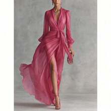 Women's Elegant V Neck Short Sleeve Dress, Split Hem Tie Waist Dress For Office & Wedding - 玫紅色 - 查看 2
