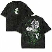 Shinazugawa Sanemi Wind Hashira V2  Kimetsu No Yaiba Anime Double Printed Acid Washed Menswear Graphic Tee Fantasy Streetwear Unisex Merch Casual Top Distressed FestiveSD0082summer Outfits For Womengraphic Tees - 黑色 - 查看 5