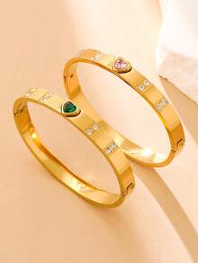 1pc Fashionable Versatile Stainless Steel Colorful Crystal Heart Bracelet, Minimalist Geometric Design Women Bangle, Suitable For Daily Wear And Various Occasions - CL-1566 - View 1
