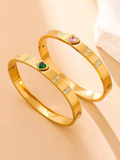 1ชิ้น สร้อยข้อมือหัวใจคริสตัลหลากสีสแตนเลสแฟชั่นอเนกประสงค์, กำไลข้อมือผู้หญิงดีไซน์เรขาคณิตมินิมอล, เหมาะสำหรับใส่ในชีวิตประจำวันและโอกาสต่างๆ
