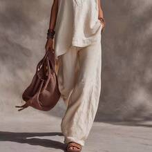 2026 Women's Spring/Summer New Vest With Side Pockets, Solid Color, Casual, Comfortable, Minimalist Linen Two-Piece Set - 杏色現貨 - 查看 5