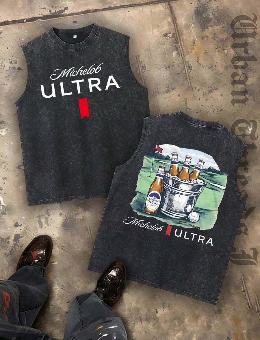 Michelob Ultra Golf Beer Graphic Sleeveless Tank Design Reversible Printed Vest Men's And Women's Casual Washed Cotton Vest Machine Washable Comfortable And Fit For All Seasons Versatile Casual Style Suitable For Outdoor Streets Can Be Worn At Home Or When Going Out Comfortable Fabric Men's And Women's Sleeveless Top Suitable For Casual Wear In All Four Seasons - màu đen - Xem 1