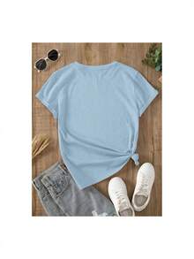 Plus Size Cotton Summer T-Shirt For Women. Unisex Size. YOCASA Women's Casual Summer T-Shirt With A Round Neck, Fitted Short Sleeves, And An Oil Painting Print Featuring Flowers, Hearts, Cherries, And Lettering. Simple And Casual Fabric, Sporty Style, Ideal For Everyday Wear And Valentine's Day Dates. 1 Pc, Pure Heavy, 95% Polyester 5% Spandex. Sweat-Wicking Material, Soft And Skin-Friendly. - 藍色 - 查看 4