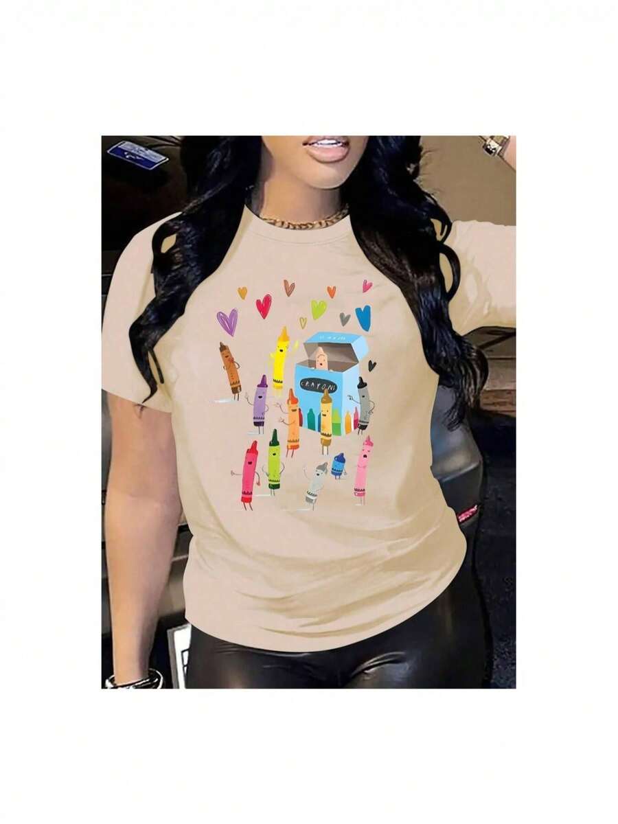 Plus Size Cotton Summer T-Shirt For Women. Unisex Size. YOCASA Women's Casual Summer T-Shirt With A Round Neck, Fitted Short Sleeves, And An Oil Painting Print Featuring Flowers, Hearts, Cherries, And Lettering. Simple And Casual Fabric, Sporty Style, Ideal For Everyday Wear And Valentine's Day Dates. 1 Pc, Pure Heavy, 95% Polyester 5% Spandex. Sweat-Wicking Material, Soft And Skin-Friendly. - 杏色 - 查看 1