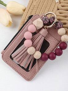 1 chiếc móc khóa kiêm ví đựng thẻ bằng gỗ lấy cảm hứng từ thiên nhiên, mặt dây chuyền bằng hạt silicon in hình và tua rua bằng da mềm, thiết kế ngăn đựng tiền xu có khóa kéo, móc khóa chống thất lạc, món quà thiết thực dành cho phụ nữ, bạn gái và người đi làm. - Nhiều màu - Xem 5