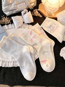2 Pairs Bow Print Mid-Calf Socks, Sweet Ruffled Breathable Comfortable Casual Socks For Summer, Suitable For Girls - Multicolor - View 3