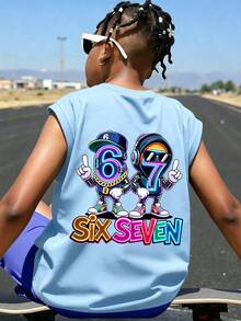 Teenage Boys' Cartoon 67 Pattern Sleeveless Round Neck Tank Top, Cute & Cool Casual Style - Baby Blue - View 1