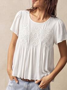 Rusttydustty Women's Bohemian Vacation Daily Vacation White Lace Trim Short Sleeve Blouse Summer - White - View 3