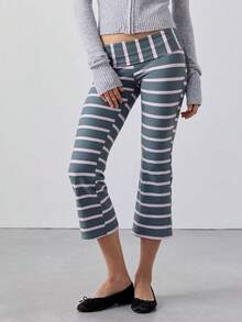 Y2K Fold Over Waist Flare Cropped Pants, White Slim Capri Leggings - Flint Stone - View 1