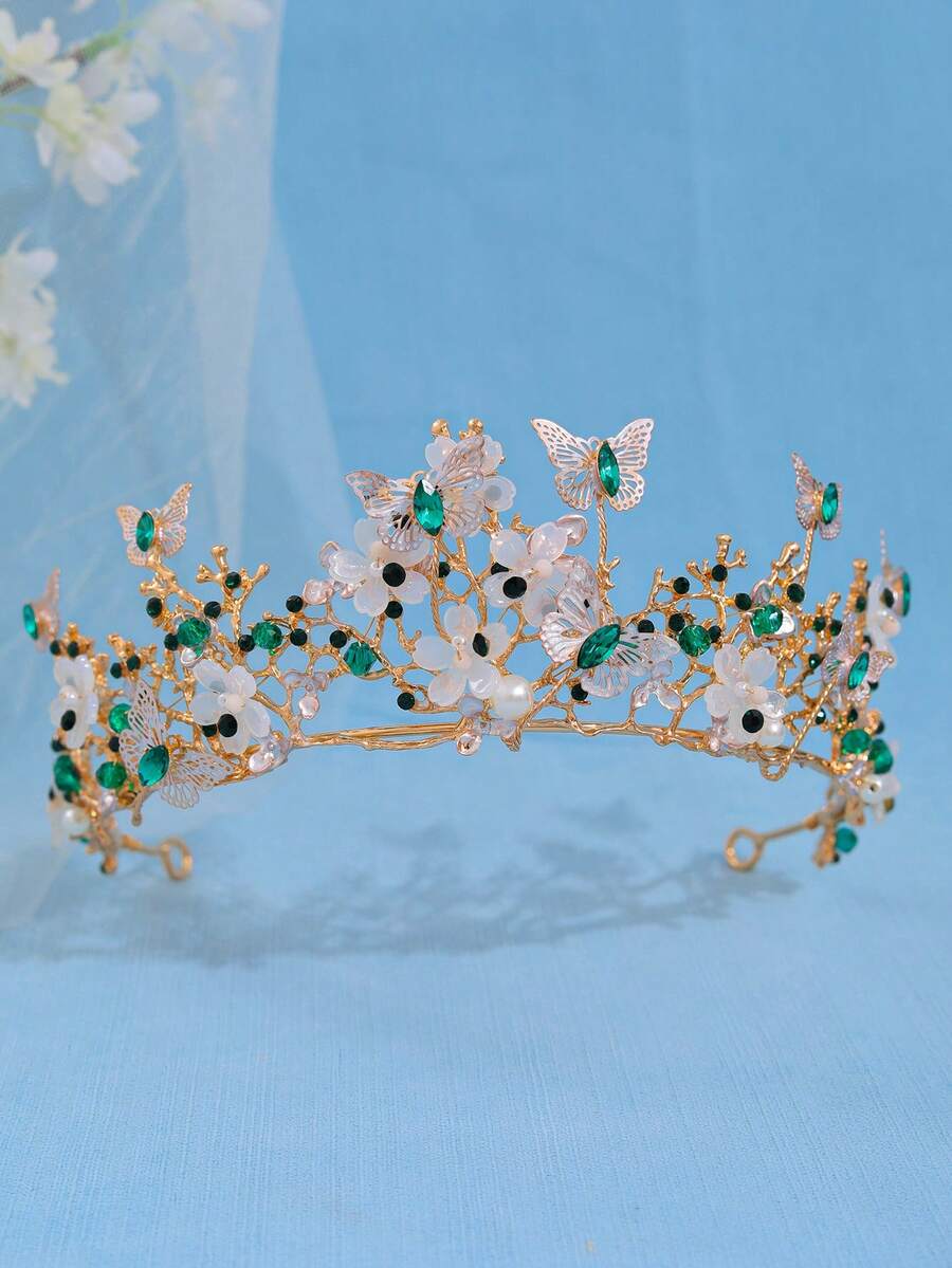 1pc Elegant Women's Colorful Crystal Crown Hair Accessory, Butterfly & Floral Decor, Luxurious Zinc Alloy Bridal Tiara,Travel,Birthday, Coronas, Headpiece - Green - View 1