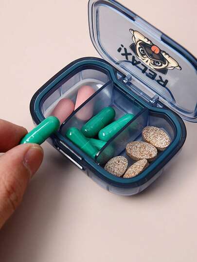 1 Portable Weekly Pill Box With Small Dog And Letter "Relax" Printed On It, Portable Minimalist Pill Storage Box, Compartment Portable Travel Mini Pill Box, Suitable For Home And Travel, Portable Travel Mini Pill Box, Waterproof Pill Storage Container, Suitable For Storing Medication Rings And Other Small Items