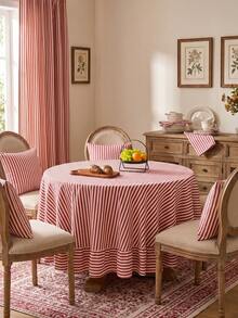 1pc Striped Ruffle Edge Small Round Tablecloth, American Vintage Kitchen Decor With Ruffle Edge, Round Living Room Decorative Cloth, Valentine's Day Tablecloth - Red - View 3