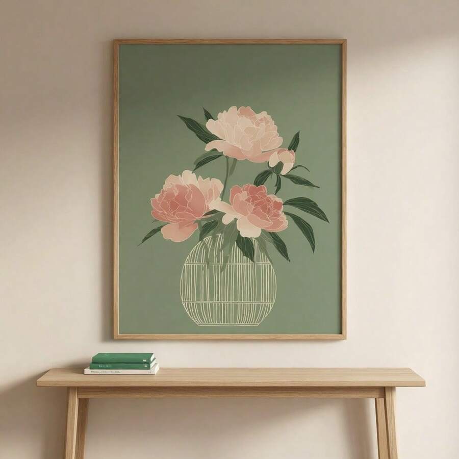 1pc Botanical Nordic Pale Pink Peony & Rustic Green Peonies Horizontal Canvas Wall Art - Modern Wrap-Around Frame Suitable For Living Room
