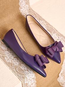 Pointed Toe Low Vamp Bow Flat Shoes, Delicate Satin Texture With Soft And High-End Feel, Versatile Shoes. - Purple - View 2