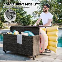 Organizador de almacenamiento para flotadores y juguetes de piscina de gran capacidad – Mimbre de ratán PE, ruedas giratorias, impermeable y resistente a los rayos UV, doble reposabrazos – Uso exterior para piscina, patio, terraza – Negro - negro marrón - Ver 4