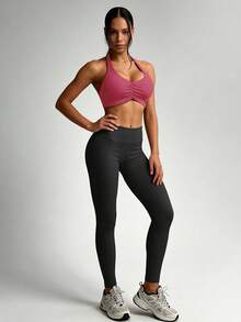 NcmRyu 1pc Women Solid Color Ruched Criss-Cross Backless Sports Crop Top - Hot Pink - View 6