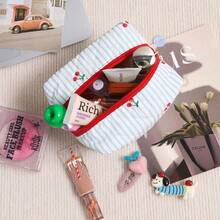 1 Peça Bolsa de Cosméticos Acolchoada Estilo INS com Decoração de Laço de Cereja, Grande Capacidade, Portátil, Organizador de Viagem Multifuncional para Viagem, Férias, Uso Diário, Vaidade, Escritório, Dormitório para Mulheres e Adolescentes, Presente Essencial para Viagem - Multicolorido - Visão 5