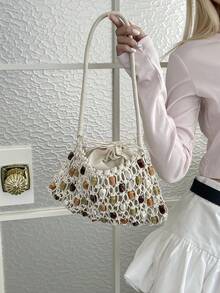 2026 Woven Mesh Shoulder Bag, Colorful Stone Bead Decor Plaid Vacation Handbag, Drawstring Design, Inner Pocket, Women's Bag - Beige - View 6